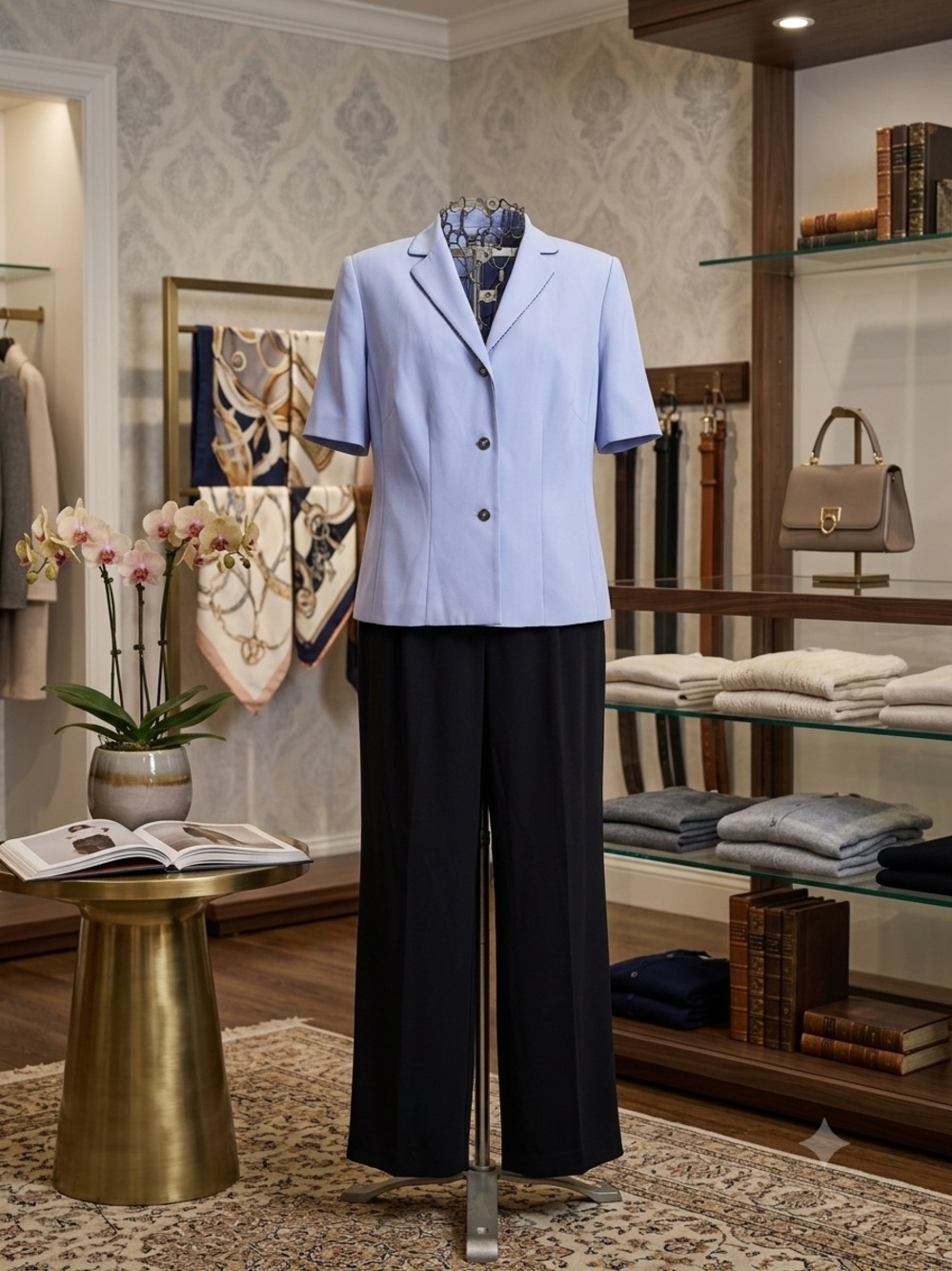 Danny & Nicole Light Blue Short-Sleeve Blazer with Black Wide-Leg Pants